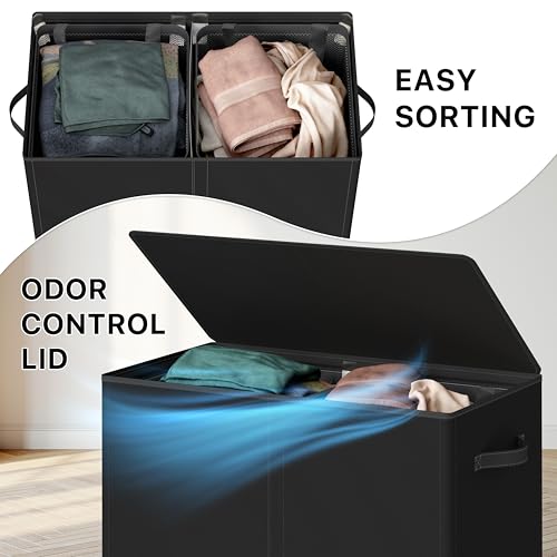 Simple Houseware Double Laundry Hamper with Lid & Removable Bags, Black | Heavy Duty 600D Polyester, Water-Resistant Surface - color: Black