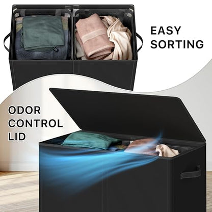 Simple Houseware Double Laundry Hamper with Lid & Removable Bags, Black | Heavy Duty 600D Polyester, Water-Resistant Surface - color: Black