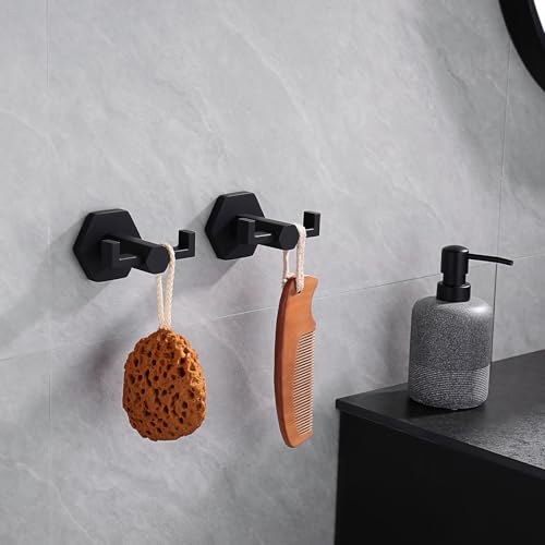 GERZWY Matte Black Coat/Robe Clothes Hook for Bath Kitchen Modern Hotel Style, Stainless Steel Bathroom Double Towel Hook Wall Mounted 2 Pack - color: Black