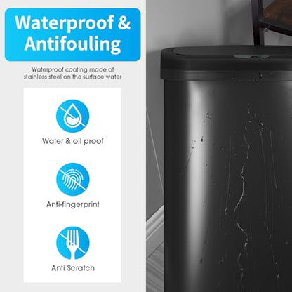BestOffice | 13 Gallon Plastic Trash Can with Lid | Black | Automatic Touchless Garbage Can | Quite Close | Waterproof & Easy to Clean | For Kitchen, Bathroom, Home or Office