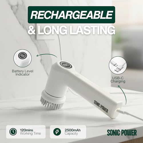SonicPower Electric Spin Scrubber – Handheld & Ergonomic, IPX7 Waterproof, 4 Multi-Purpose Brush Heads, Long-Lasting Rechargeable Battery – Cleans Dishes, Bathroom, Tile, Grout & Kitchen (White) | Hard, Corner, Scour, Sponge - color: White