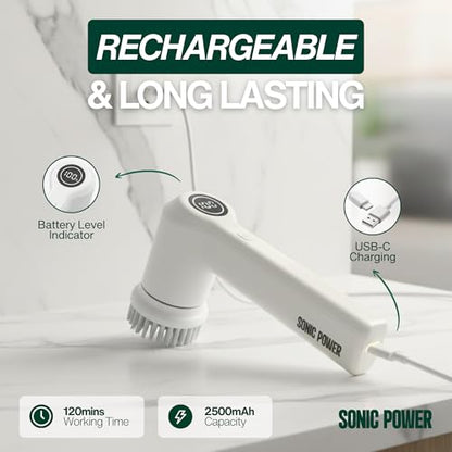 SonicPower Electric Spin Scrubber – Handheld & Ergonomic, IPX7 Waterproof, 4 Multi-Purpose Brush Heads, Long-Lasting Rechargeable Battery – Cleans Dishes, Bathroom, Tile, Grout & Kitchen (White) | Hard, Corner, Scour, Sponge - color: White