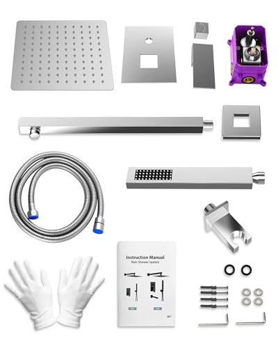 10" Shower System, Wall Mount Shower Faucet Set, Polished Chrome | Pressure-Balance Rough-In Valve Included, High Flow Square Rainhead, Stainless Steel Fixture for Bath Remodels - color: Polished Chrome