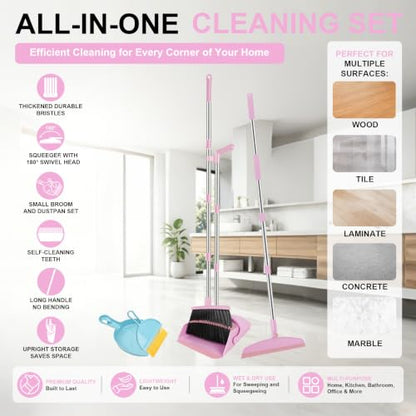 Broom and Dustpan Combo Set, 52" Long Handle with Squeegee & Mini Set | Pink Complete Cleaning Kit, Built-in Comb Dustpan, Floor Squeegee for Wet & Dry Messes, Mini Broom Set，for Home & Pet Areas - color: Pink