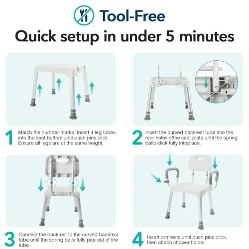 HOMENURSE Shower Chair for Inside Shower, 400 lbs, Wider Seat, Lightweight | 9-Level Height Adjustment, 2.55" Wider Suction Cups, Non-Slip, Tool-Free Conversion, for Seniors Disabled and Recovery - color: Gray