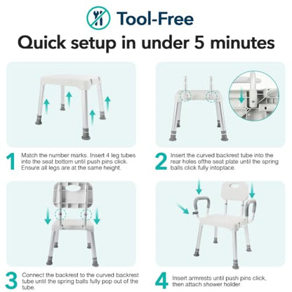 HOMENURSE Shower Chair for Inside Shower, 400 lbs, Wider Seat, Lightweight | 9-Level Height Adjustment, 2.55" Wider Suction Cups, Non-Slip, Tool-Free Conversion, for Seniors Disabled and Recovery - color: Gray