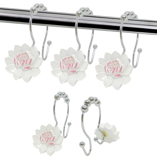 Flower Decorative Shower Curtain Hooks12pcs Shower Curtain Rings Rust Proof Double Glide Shower Curtain Hooks Shower Curtain Rings for Bathroom and Living Room