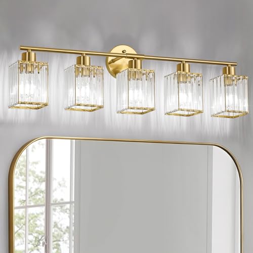 5 Light Bathroom Light Fixtures, Modern Crystal Vanity Lights over Mirror | Metal Frame, Bathroom Light with Square Crystal Shade, ETL Certified, E26 Ceramic Socket, Bulbs Not Included - color: Gold, size: 5-Light