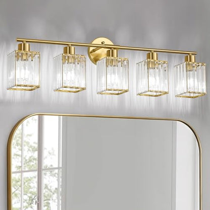 5 Light Bathroom Light Fixtures, Modern Crystal Vanity Lights over Mirror | Metal Frame, Bathroom Light with Square Crystal Shade, ETL Certified, E26 Ceramic Socket, Bulbs Not Included - color: Gold, size: 5-Light