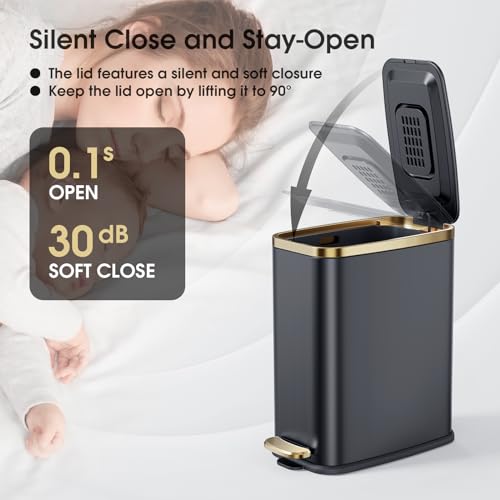 CEROELDA Small Bathroom Trash Can with Lid Soft Close-5L/1.3 Gal Slim Garbage Can-Metal Step Wastebasket-Rectangle Narrow Waste Bin for Office, Bedroom, Toilet, Live Room (Black) - color: Black, size: 1.3 Gallon