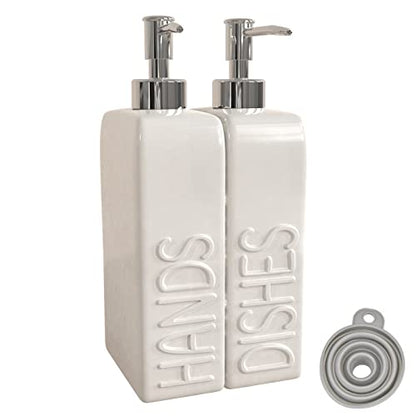 Soap Dispenser Set with Stainless Steel Pump, 2 Pack Ceramic Refillable Dish Soap and Hand Soap Dispenser for Kitchen, Bathroom, Matte White - color: White