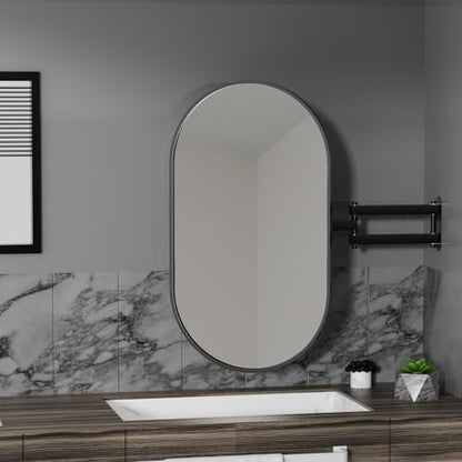 32" x 20" Black Oval Wall Mirror, Capsule Extendable Swivel Bathroom Vanity Makeup Mirror, 360 Rotation Folding Extendable Arm Vanity Mirror for Wall Shower Shaving