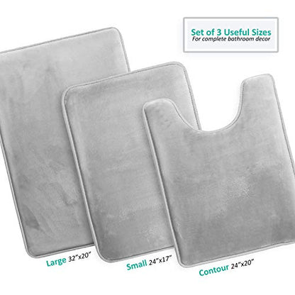 Clara Clark 3 Piece Bathroom Rugs Bath Mat Set, Velvet Memory Foam Bath Mats for Bathroom - Non-Slip, PVC Backing Bath Rugs, Washable - Dries Quickly, Silver - color: Silver