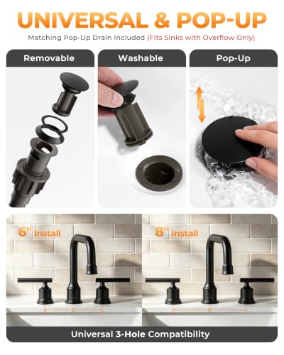 WOWOW Black Bathroom Faucet 3 Hole, Widespread Vanity Sink Faucets 8 Inch | Copper Inlet Matte Black Faucet for Bathroom Sink with Swivel Spout, Two Handles Lavatory Tap with Drain and cUPC Supply Line - color: Black, style: Upgrade-8 Inch