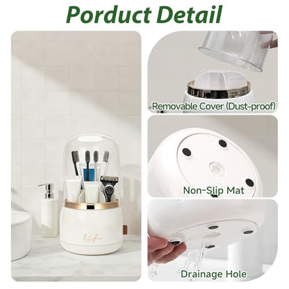 360 Rotating Toothbrush Holders for Bathrooms, 7-Slot Toothbrush Holder with Cover & Drainage, Bathroom Countertop Organizer for Electric Toothbrushes, Toothpaste & Makeup Brushes - color: Beige