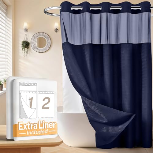 River Dream No Hooks Shower Curtain with 2 Snap in Liner, Navy, 71Wx74H | Waffle Weave, 1 Attached Snap in Liner and 1 Extra Replacement Liner, Bathroom Curtains Shower Set, Hotel Grade, Spa Like - color: Navy Blue