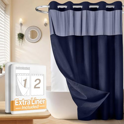 River Dream No Hooks Shower Curtain with 2 Snap in Liner, Navy, 71Wx74H | Waffle Weave, 1 Attached Snap in Liner and 1 Extra Replacement Liner, Bathroom Curtains Shower Set, Hotel Grade, Spa Like - color: Navy Blue