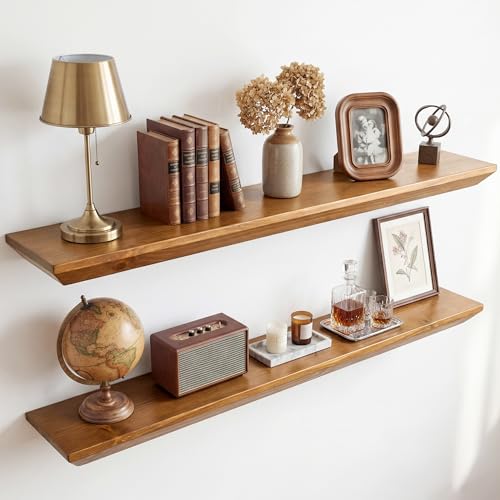 Acovy 36in Solid Spruce Wood Floating Shelves with Beveled Bottom Edges, Wooden Floating Shelf with Heavy-Duty Bracket for Living Room Bathroom Bedroom Kitchen, Rustic Light Brown, Set of 2 - color: Rustic Light Brown, size: 36"-2 Packs