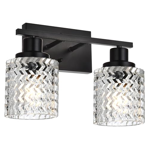 MELUCEE 2-Light Wall Sconce Lighting with Hammered Glass Shade | Industrial Black Bathroom Lights Over Mirror, Modern Vanity Lighting Fixtures for Porch Entryway Stair - color: Black, size: 2 Lights