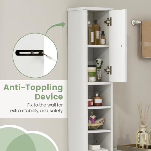 Tall Bathroom Storage Cabinet, 71’’ Slim Linen Tower Organizer with 2 Doors, 5 Adjustable Shelves & 1 Drawer, Narrow Floor Freestanding Bathroom Cabinet for Small Spaces (White)