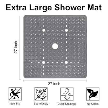 Square Shower Mat Non Slip, 27 x 27 Inch Quick Drain TPE Anti Slip Shower Mats for Inside Shower, Soft Shower Floor Mat with Suction Cups, Quick Drying, Machine Washable - color: Grey