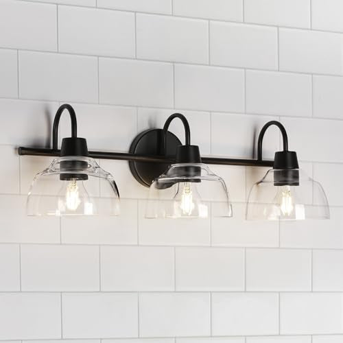 KSANA Black Bathroom Light Fixture, 3-Light Vanity Light with Large Opening Clear Glass Shade, Modern Farmhouse Wall Lamp Over Mirror - size: Dome Shade