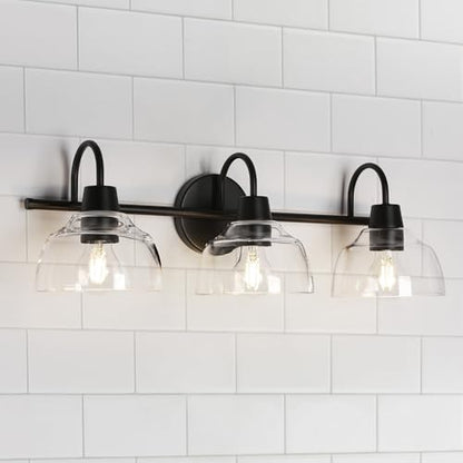 KSANA Black Bathroom Light Fixture, 3-Light Vanity Light with Large Opening Clear Glass Shade, Modern Farmhouse Wall Lamp Over Mirror - size: Dome Shade