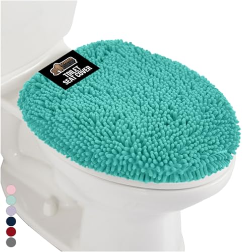 GORILLA GRIP Soft Chenille Bathroom Toilet Lid Cover, Machine Washable Seat Covers, 19.5x18.5, Stays in Place Rubber Backing, Fits Most Round, Elongated and Oblong Lids, Accessories Decor, Turquoise - color: Turquoise, style: Chenille