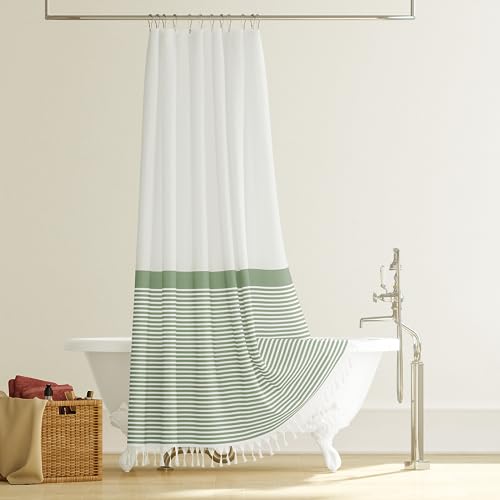 Dynamene Sage Green Fabric Shower Curtain, Farmhouse Boho Striped Tassel Shower Curtain for Bathroom, Bohemian Textured Cloth Shower Curtain Set with Hook, Water Repellent, Wrinkle Free, 72x72 - color: A. Sage Green, size: 72"W x 72"L (Pack of 1)