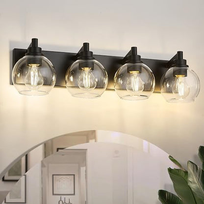 4-Light Matte Black Bathroom Vanity Light, Clear Glass Globe Shade | 26" modern bathroom light fixtures over mirror, E26 base, bulbs not included, VL195-MB-CL-4 - color: Black, Clear Glass, size: 4-light