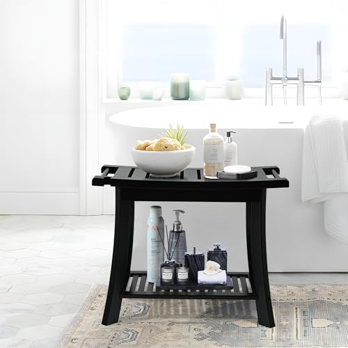 24" Bamboo Shower Bench with Shelf for Bathroom, 300 lbs, Black | Sturdy 24-inch bamboo stool for shaving. Spa bench with shelf for indoor & outdoor. Anti-slip design for safe bathroom use. - size: 24" Bamboo