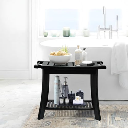 24" Bamboo Shower Bench with Shelf for Bathroom, 300 lbs, Black | Sturdy 24-inch bamboo stool for shaving. Spa bench with shelf for indoor & outdoor. Anti-slip design for safe bathroom use. - size: 24" Bamboo
