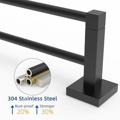 RUACQ Double Towel Bar 24" Towel Racks for Bathroom Wall Mounted Black | One-Piece Bath Towel Holder, Total Length 26 Inch Single Towel Rod, 304 Stainless Steel Rustproof, Square Base, Heavy Duty - color: Matte Black, size: 24 inch(Center to Center) Doubl