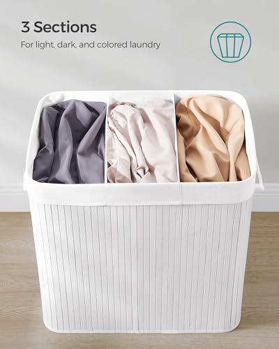 SONGMICS Laundry Hamper, 39.6 Gallons (150L), 3-Section Laundry Basket, Laundry Hamper with Lid, Bamboo, Foldable, Removable and Machine Washable Liner, for Laundry Room, Bedroom, White ULCB091W01 | Foldable Laundry Basket, Removable and Machine Washable