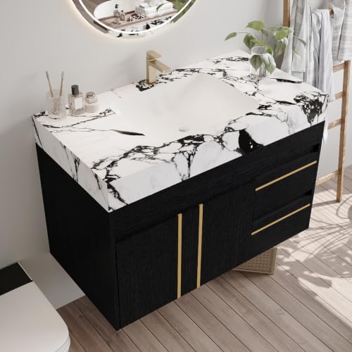 36" Floating Bathroom Vanity with Ceramic Sink and Faux Marble Top, Wall-Mounted Storage Cabinet with with 2 Drawers and 2 Door, Undermount Single Sink, White+Black - color: White+black