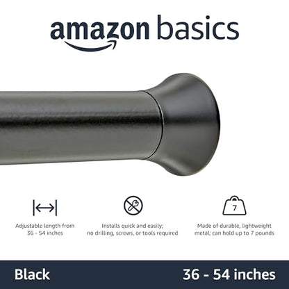 Amazon Basics Adjustable Sturdy Spring Tension Curtain Rod, No Drilling/No Holes, 36-54", Black, Classic Finial - color: Black, size: 36-54"