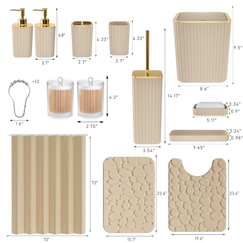 XLHOMO Bathroom Accessories Set - 25PC Bathroom Sets with Shower Curtain and Rugs, Beige Bathroom Accessories with Trash Can, Soap Dispenser, Soap Dish & Toilet Brush - size: Bath Set+Shower Curtain+Rugs, style: Beige&Gold
