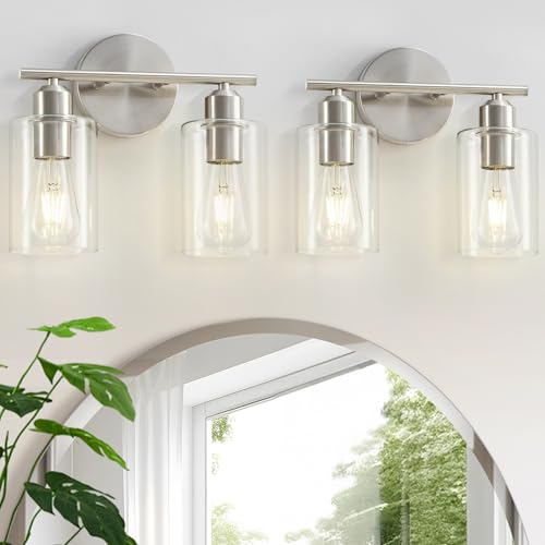 Bathroom Light Fixtures, 2-Light Brushed Nickel Vanity Lights for Bathroom, Modern Bathroom Lighting Fixtures Over Mirror with Clear Glass Shade, Wall Sconce Lighting for Hallway - 2Pack - color: Brushed Nickel, size: 2 Light - 2 pack