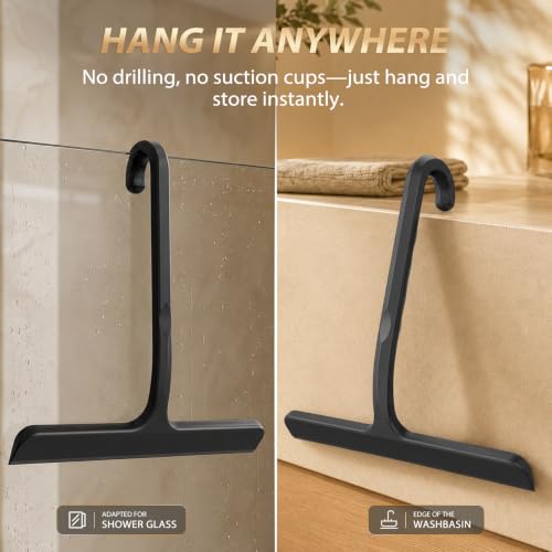 Silicone Shower Squeegee with Hanging Hook for Glass Door & Window, Black | One-Piece Seamless Design for Easy Maintenance; Streak-Free Scraper for Mirrors, Tiles, Countertops & Car Windshields