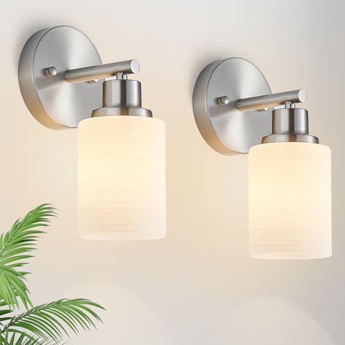 2-Pack 1-Light Vanity Lights, Brushed Nickel Bathroom Light Fixture with Textured Milky White Glass Shade, E26 Modern Vanity Lighting Fixture for Bathroom Wall Sconce - color: Nickel, size: 4.7 Inch : 1-Light