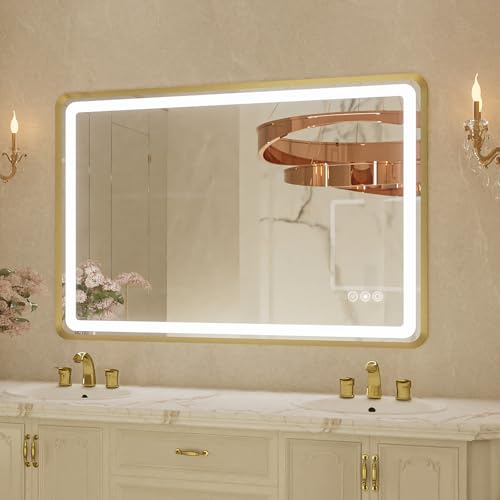 24x36 Inch LED Bathroom Mirror with Gold Metal Frame, Front and Backlit Vanity Mirror, Stepless Dimmable Wall Mirrors with Anti-Fog, 3 Colors, Memory Function, Waterproof, LED Smart Bathroom Mirror - color: Gold, size: 24"L x 36"W