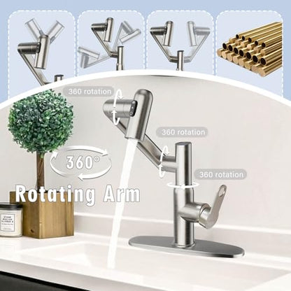 Rotatable Bath Faucet with Temp Display in Celsius, Single Hole Brushed Nickel and 3 Outlet Modes Faucet, Battery-Free - color: Brushed Nickel