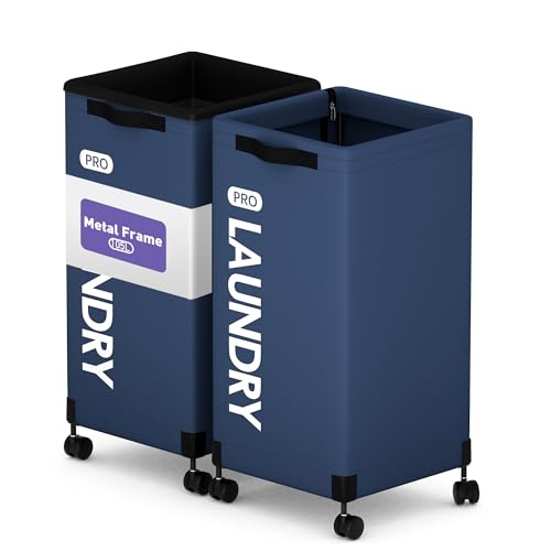 Caroeas Next-Gen 105L Matel Frame Laundry Basket with wheels, Heavy Duty Tall Rolling Laundry Hamper with Removable Wash Bag, Collapsible Freestanding Clothes Hamper (105L,Navy Blue,2Pack) - color: Navy Blue - 2 Pack