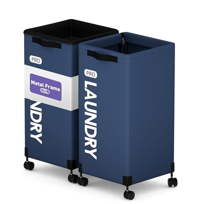 Caroeas Next-Gen 105L Matel Frame Laundry Basket with wheels, Heavy Duty Tall Rolling Laundry Hamper with Removable Wash Bag, Collapsible Freestanding Clothes Hamper (105L,Navy Blue,2Pack) - color: Navy Blue - 2 Pack