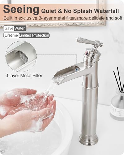 Vessel Sink Faucet Brushed Nickel, Brass Waterfall Bathroom Faucet Single Hole, Tall Bathroom Sink Faucet, Bathroom Faucets Single Handle with Pop-Up Drain Supply Hoses for Lavatory No Noise - color: Brushed Nickel - Classic
