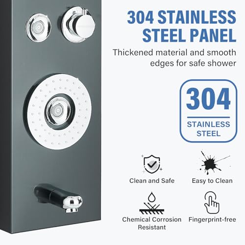 FUZ Shower Panel Tower System, Stainless Steel 6 Functions Shower Panel System with LED Fancy Rain Shower Head and Handheld, Adujstable Rain Massage Body Jets and Tub Spout, Matte Black Shower Tower - color: Black, style: 8039-B