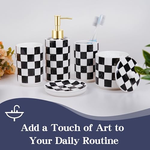 Ceramic Bathroom Soap Dispenser Set, Black and White Checkered Bathroom Vanity Set with Lotion Pump, Toothbrush Holder, Soap Dish & Storage Jar, Modern Bathroom Sink Accessories - style: Black