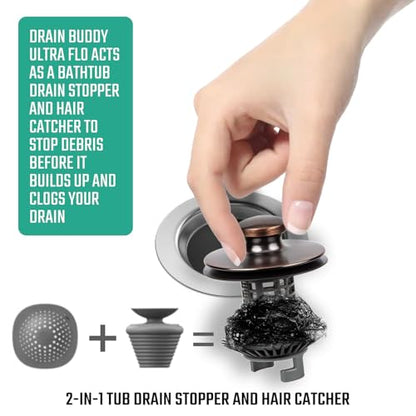 Drain Buddy Ultra Flo No Installation 2 in 1 Clog Preventing Tub Drain Stopper and Hair Catcher for 1 3/8" to 1.5" Bathtubs and Utility Sinks Oil Rubbed Bronze Metal Cap - color: Oil Rubbed Bronze