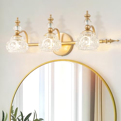 Bathroom Vanity Light Fixtures, Farmhouse Vintage Wall Sconce Lighting with Glass Shade, Bath Vintage Wall Mounted Lamps for Mirror (3 Lights,Gold,G9 Base) - color: Gold