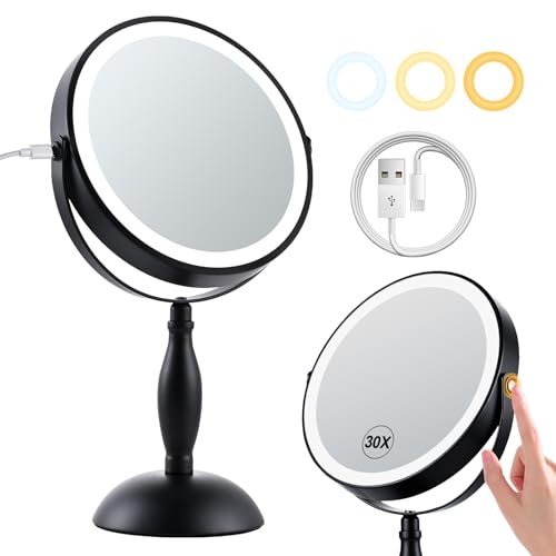 30X Magnifying Mirror with Lights-Matte Black 8" Dual Sided | (1X/30X) Lighted Makeup Mirror, 360° Swivel, 5000mAh Rechargeable Side Touch & Side Charging, 3 Colors & Dimmable Brightness - color: Matte Black